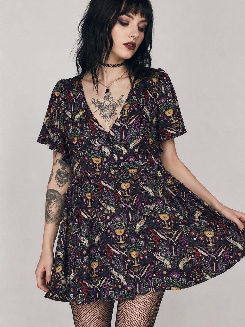 Disturbia Tarot Mystical Print Button Front Mini Dress Witchy Goth US 8